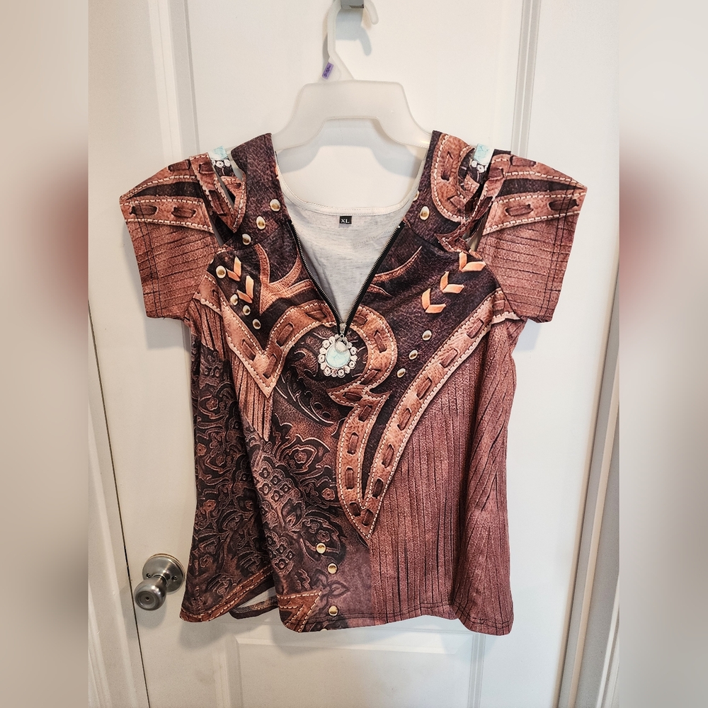 Cold Shoulder Western Pattern Half Zipper Top